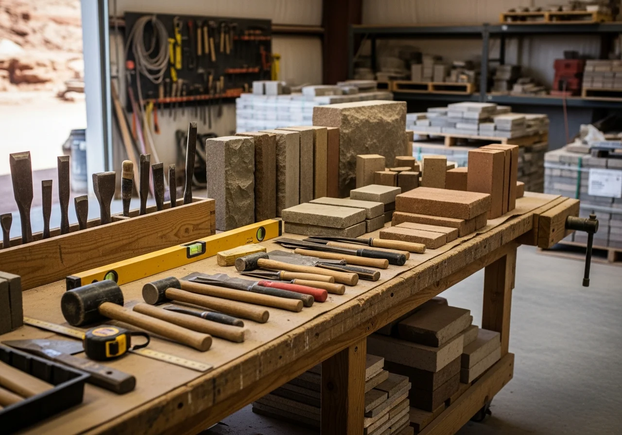 Professional masonry tools and materials arranged on a work surface, showcasing the trade's craft and readiness for custom stonework projects.
