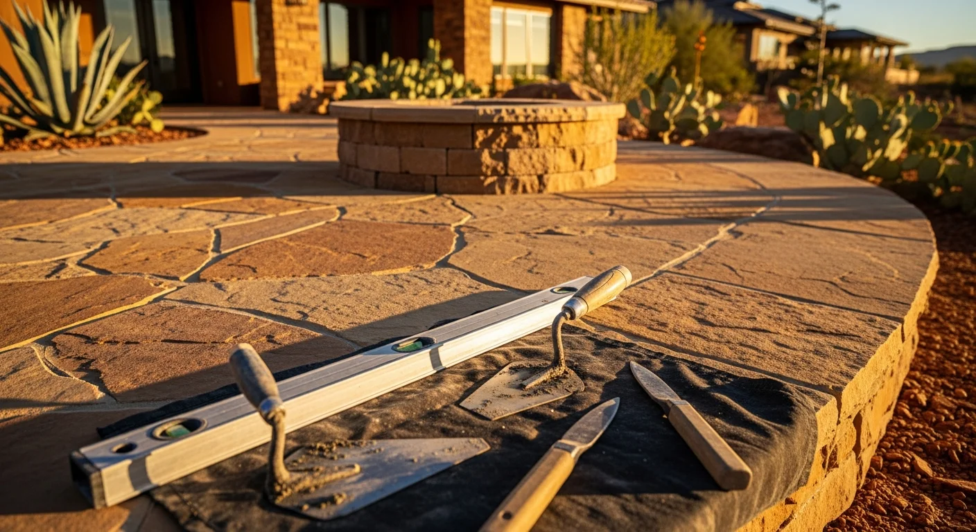 Stone patio with fire pit and outdoor seating area