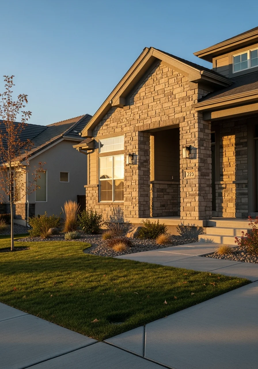 Close-up of a Davis County home with modern design, landscaping, and neighborhood setting.