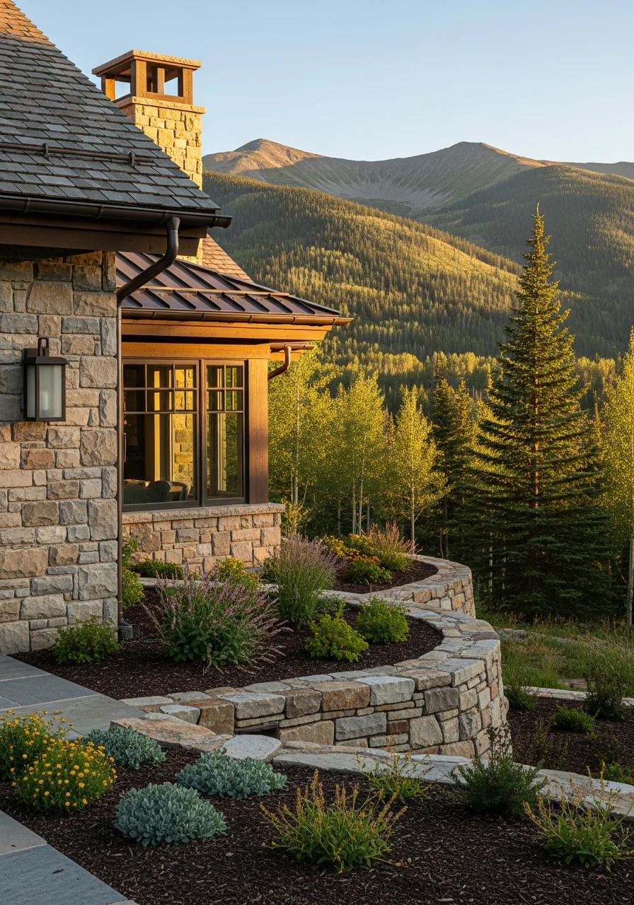 Close-up of a high-elevation Summit County home with mountain views and professional landscaping.