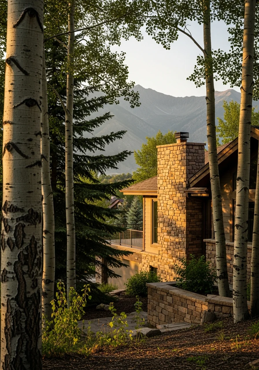 Detail shot of a Wasatch County property with mountain views and mature trees framing the home.