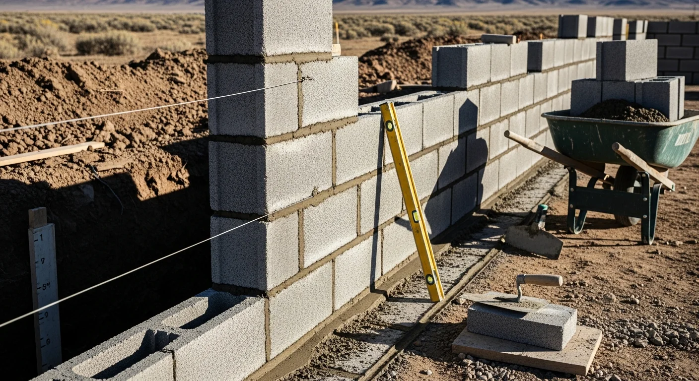 A finished concrete block perimeter wall on a residential property in Duchesne County, Utah, with clean mortar joints and level courses set against a high-desert landscape. The wall runs along a property boundary with dry terrain and open sky visible in the background.