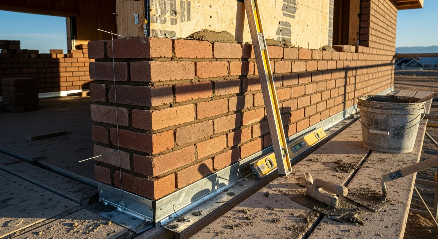 Freshly installed brick veneer covering the exterior front wall of a single-family home in Duchesne County, Utah. Uniform mortar joints and clean coursework run from the foundation ledge to the window sills against a clear high-desert sky.