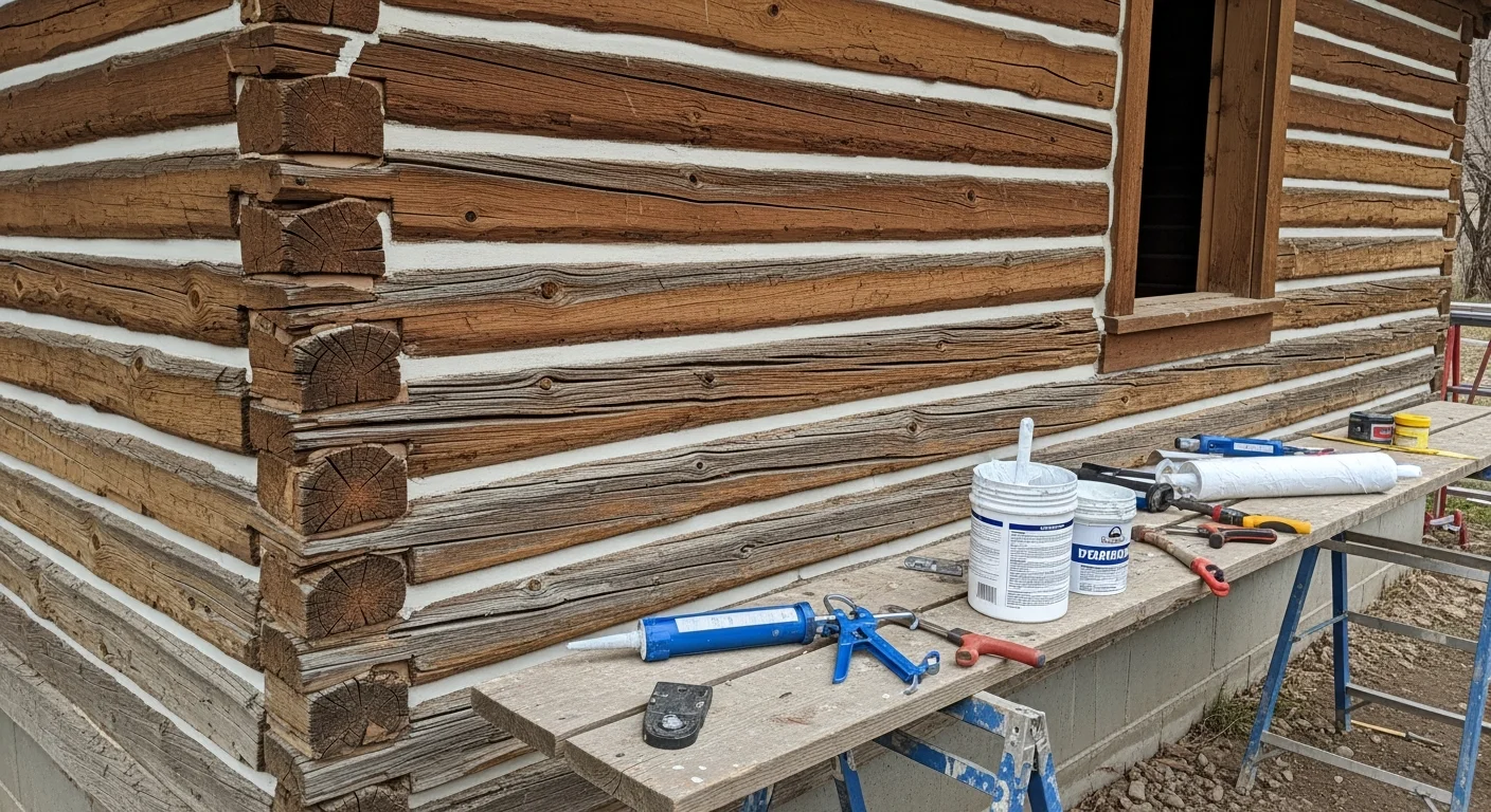 A log cabin in Duchesne County, Utah with freshly applied white chinking visible between the horizontal log courses. The cabin sits on a leveled pier foundation with even floor framing visible at the base.