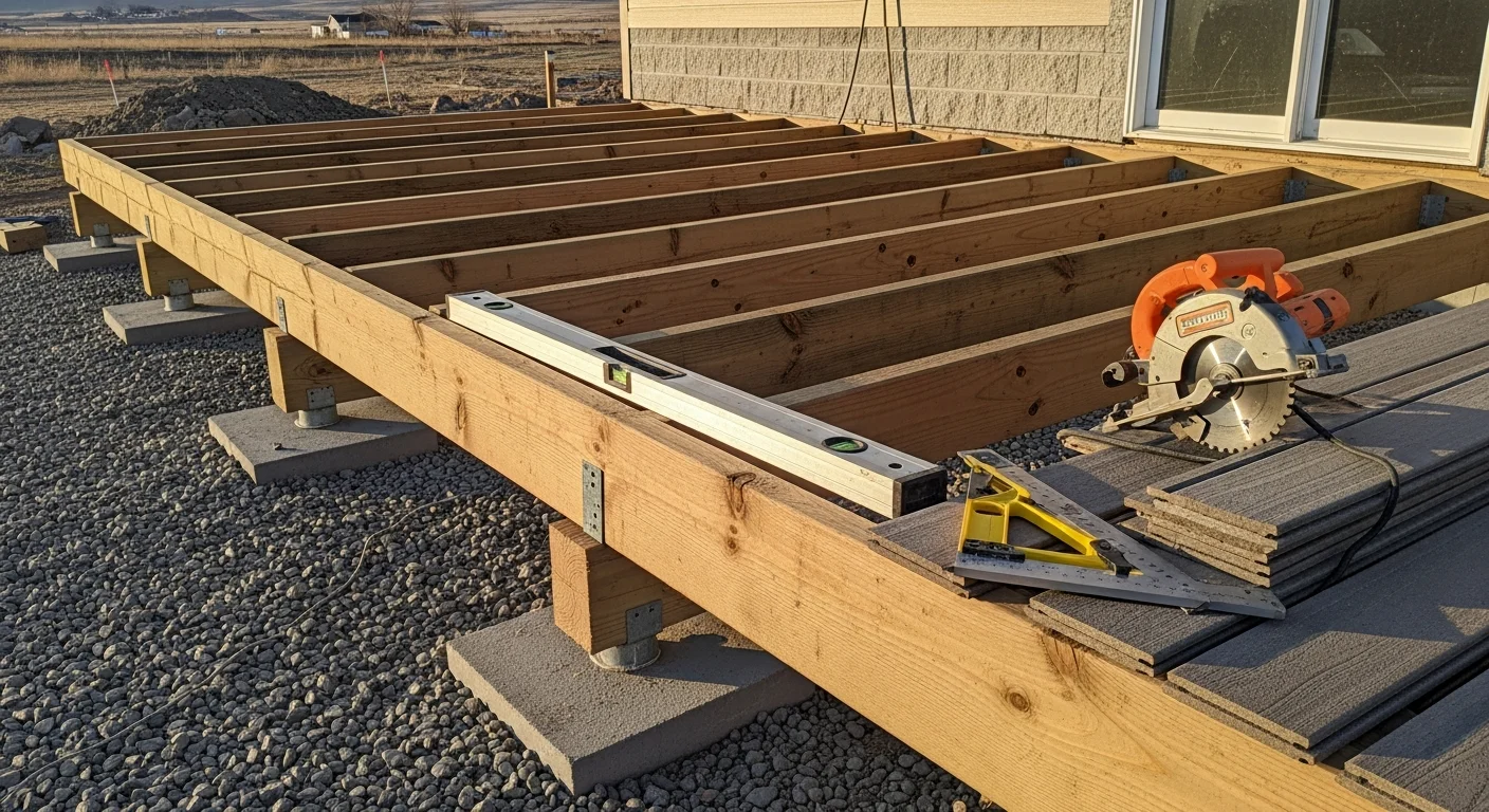 A newly built wood deck attached to a single-family home in Duchesne County, Utah, with open views of the surrounding high-desert landscape. The deck framing and surface boards are finished and ready for use, showing clean post-and-beam construction suited to the county's climate.