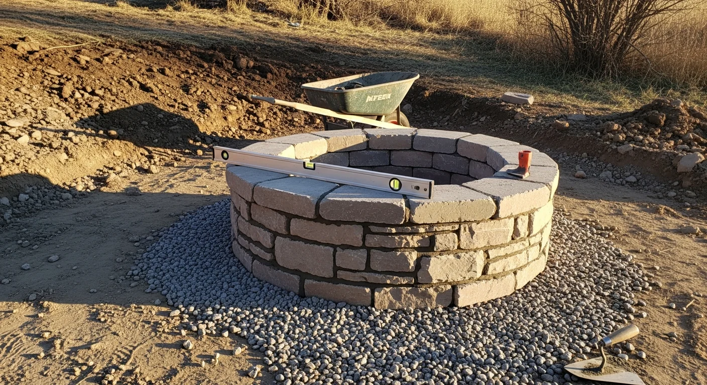 A completed masonry fire pit with a stone surround and paver seating area in a residential backyard in Duchesne County, Utah. The structure sits on a level hardscape base with open land and a clear sky visible in the background.