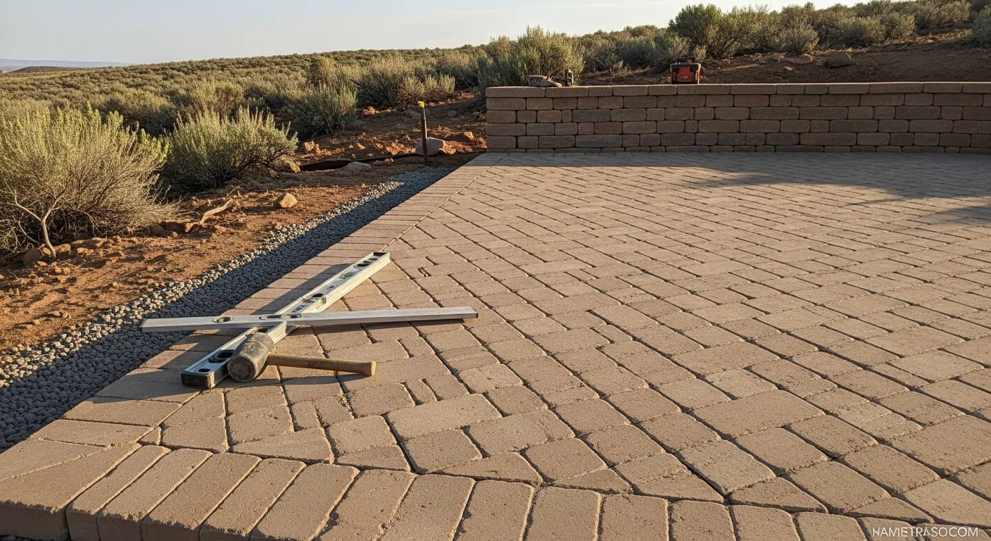 A finished stone patio and retaining wall installed by American Masonry on a rural residential property in Duchesne County, Utah. The hardscape features clean-cut masonry edging with a semi-arid high-desert landscape visible in the background.