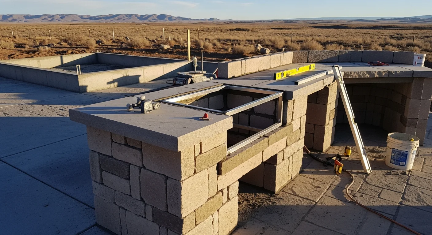 A completed outdoor kitchen installation by American Masonry in Duchesne County, Utah, featuring a masonry counter structure and built-in cooking area set against a high-desert backyard landscape. The kitchen is integrated into a hardscape patio with stone detailing suited to the Uinta Basin terrain.