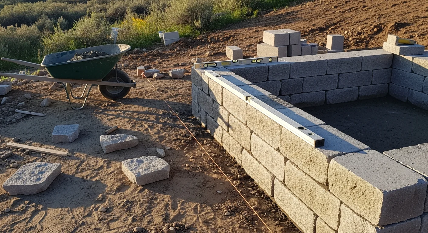 A finished masonry planter box built along the edge of a residential patio in Duchesne County, Utah, with clean stone coursing and a gravel drainage base visible at the soil line. The surrounding yard shows open high-desert terrain typical of the Uinta Basin.