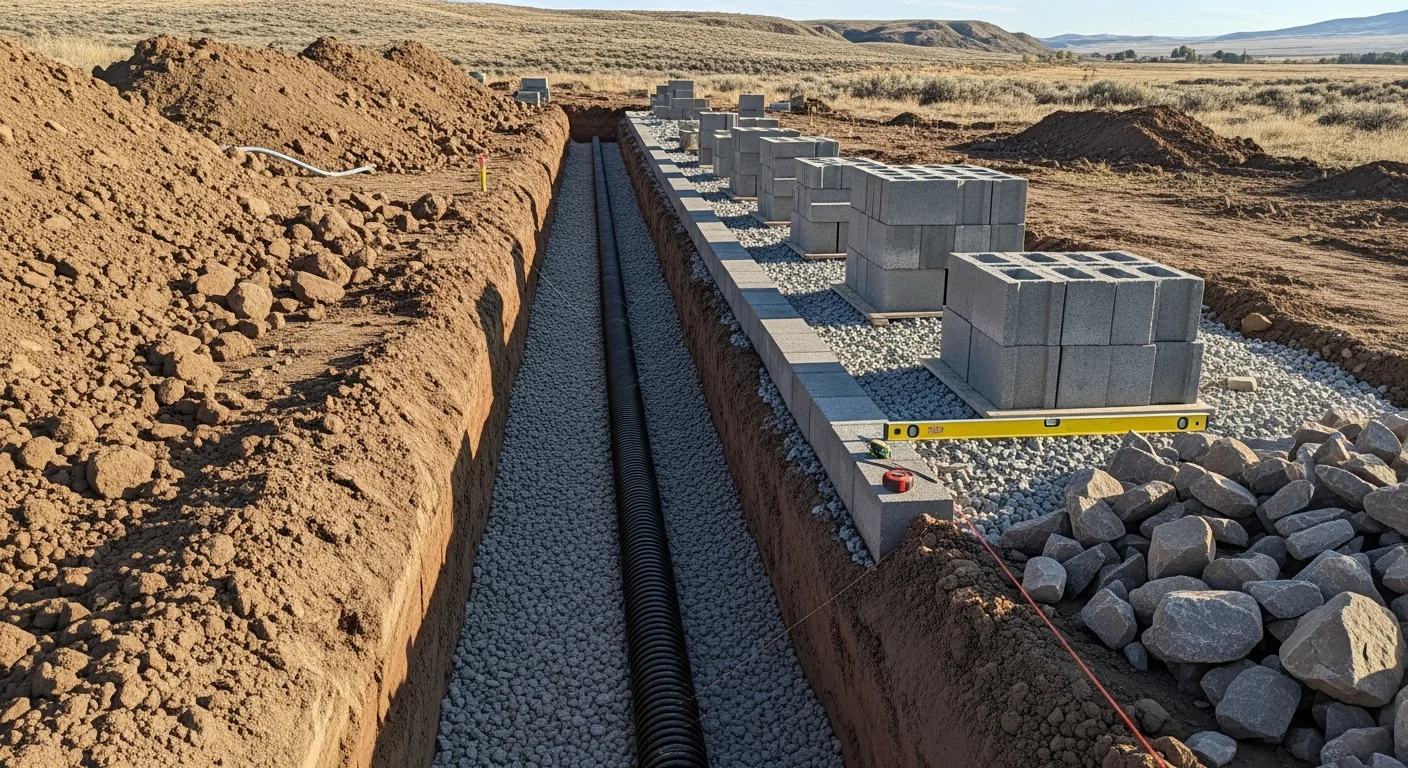 A finished masonry retaining wall holding a sloped residential yard in Duchesne County, Utah, with clean block courses, level ground above, and a dry drainage channel running along the base. The surrounding terrain shows the high-desert landscape typical of the Uintah Basin.