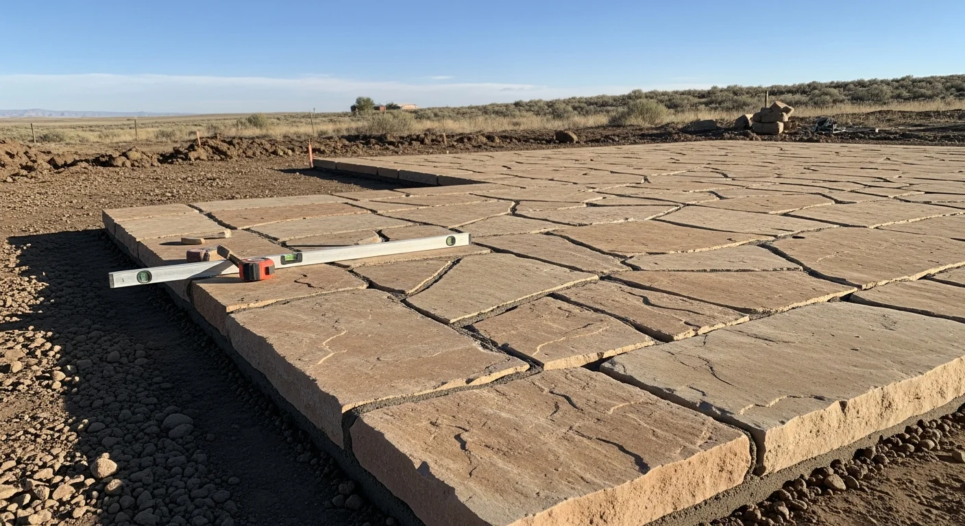 A completed natural stone patio installed by American Masonry in Duchesne County, Utah, with a flat, level surface and clean stone joints set against an open high-desert landscape. The patio extends from the back of a single-story home with a graded edge and no visible settling or shifting.