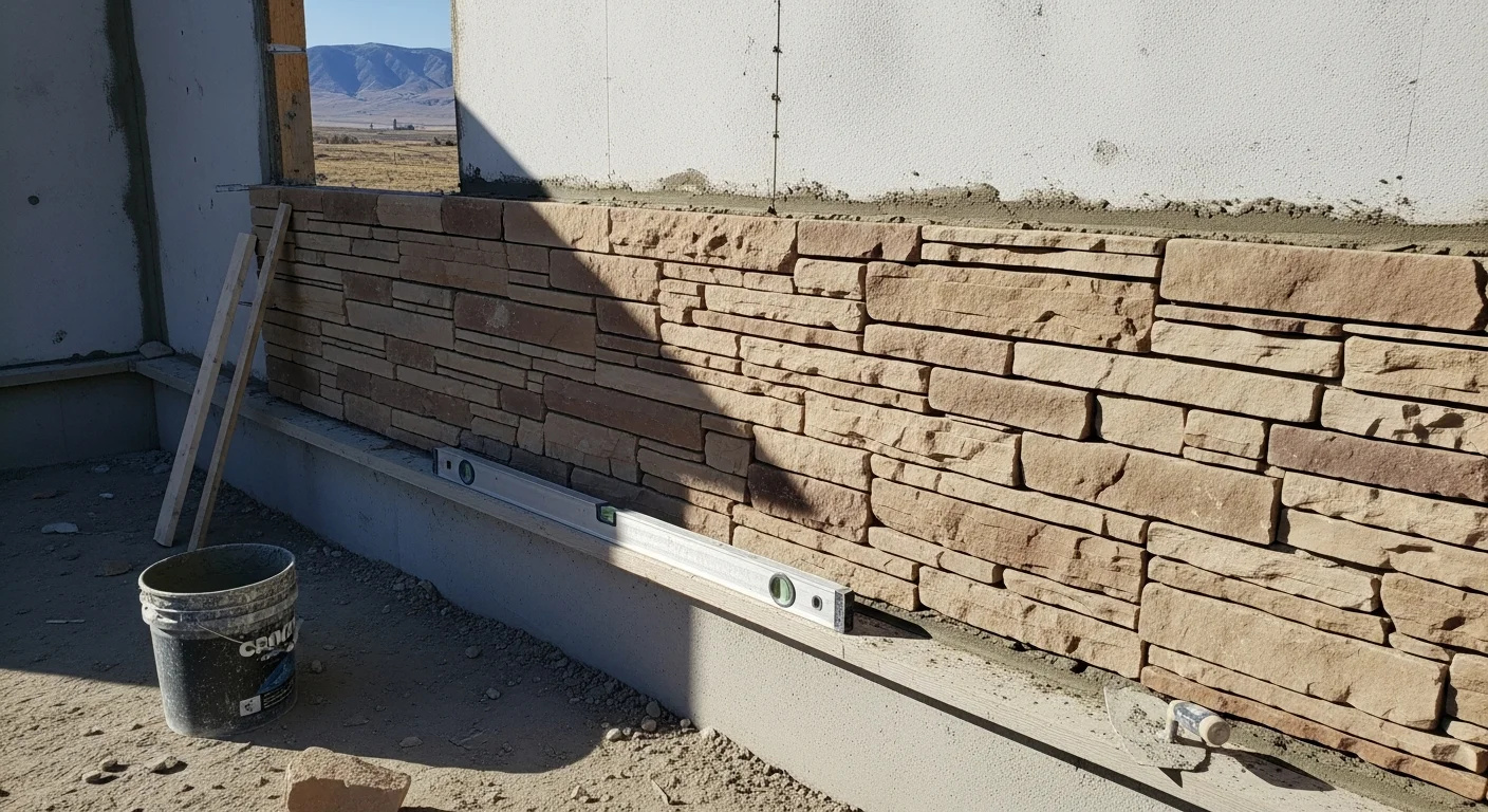 Finished stone veneer installation on the exterior facade of a residential home in Duchesne County, Utah, showing tight mortar joints and uniform stone coursing. Close view of the veneer surface highlights the texture and color variation typical of professional masonry work in a semi-arid high-desert setting.