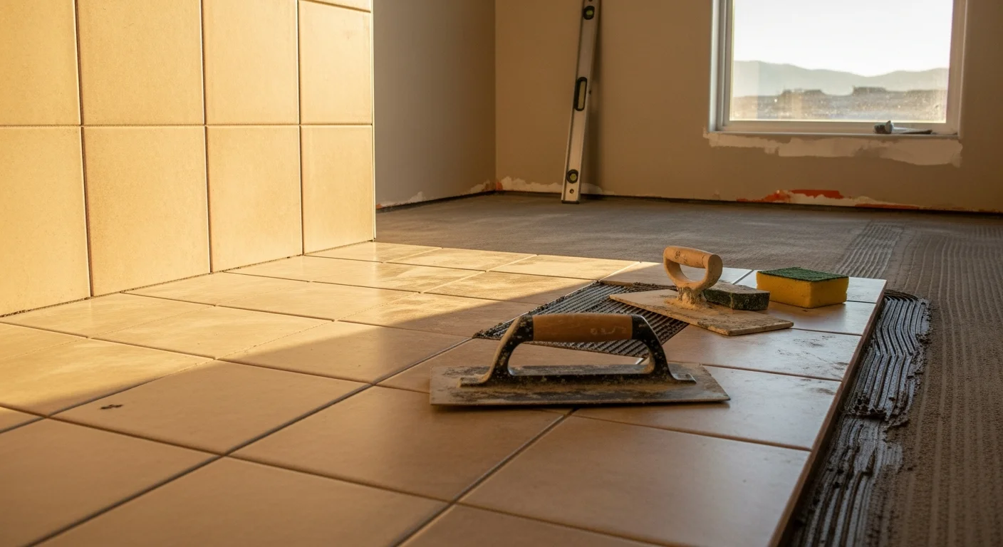 Freshly installed ceramic floor tile in a residential bathroom in Duchesne County, Utah, showing even grout lines and a level surface. The room has a clean, finished appearance with tile extending from the floor to the lower portion of the walls.